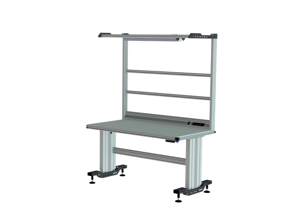 CLIP-O-FLEX® Höhenverstellbarer Systemarbeitsplatz mit Aufbau und Beleuchtung